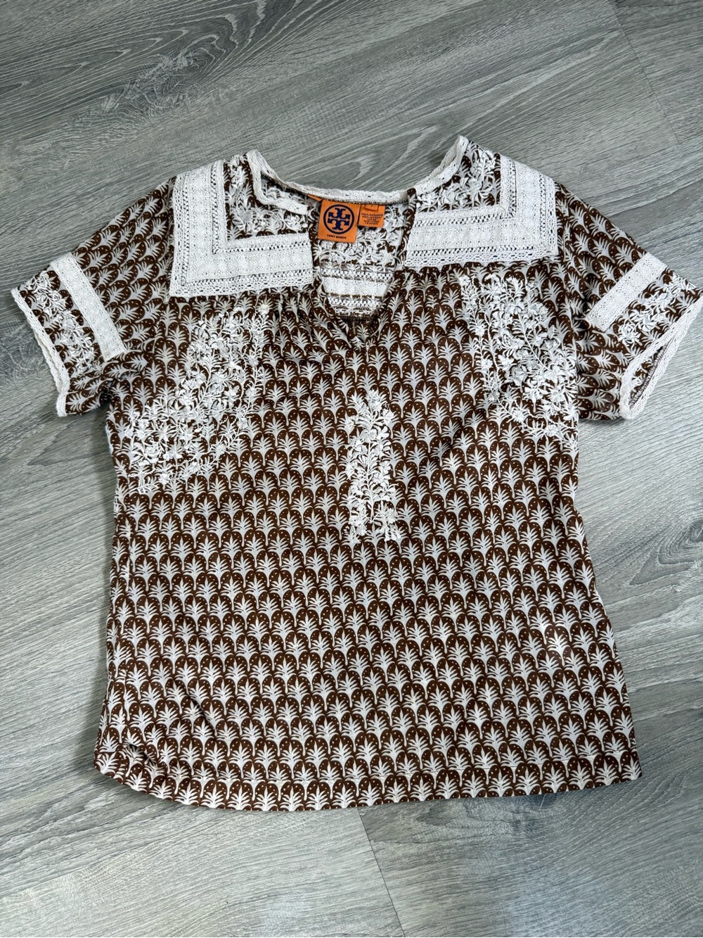 Tory Burch Brown and White Embroidered Short Sleeve Top